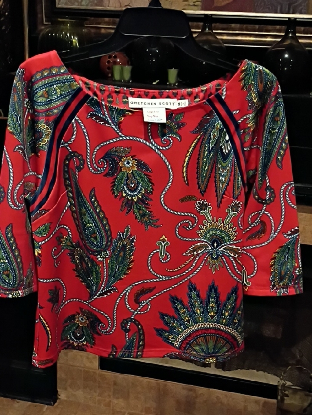 FINAL PRICE Gretchen Scott Red Multicolored Paisley Rope Print Blouse - Picture 5 of 15